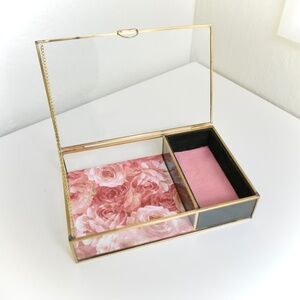 Pink Floral and Green Velvet Lined Brass Glass Trinket Jewelry Display Case Box